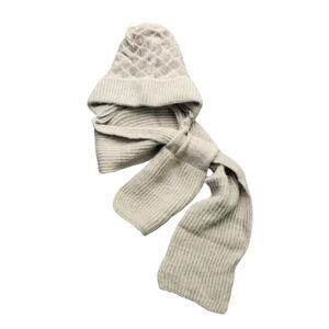 Womens Thick Warm Knitted Hat with Integrated Scarf Brown and White